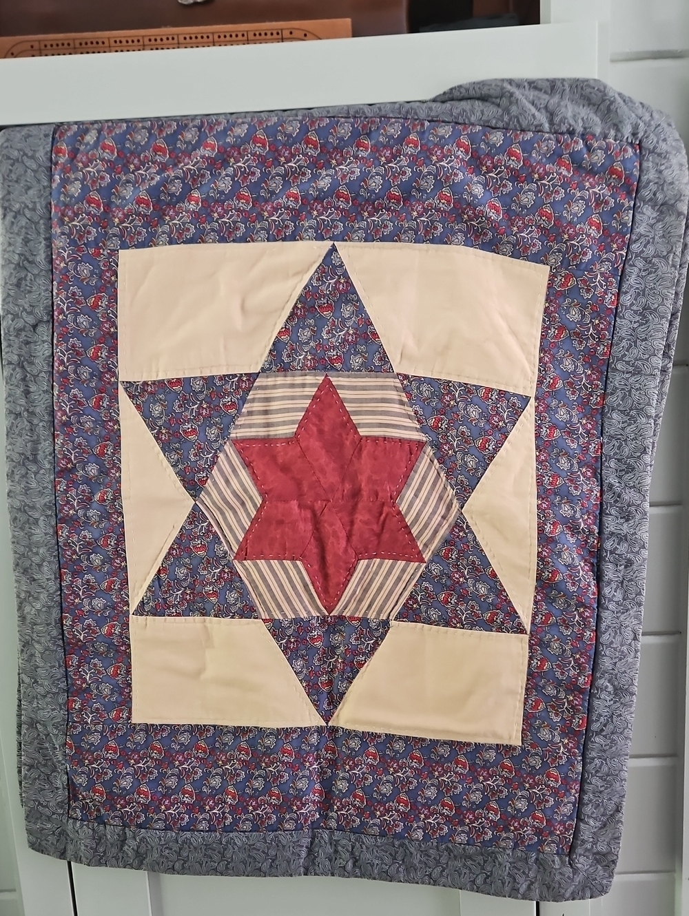 Vintage PAIR of Cream, Red and Blue Star Patchwork Pillow Cover 23 X 29